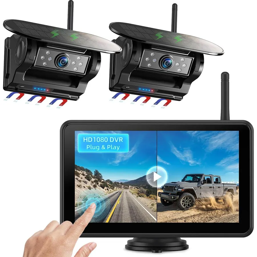 eRapta Dual Magnetic Solar Wireless Backup Cameras: HD1080P 7” Touchscreen