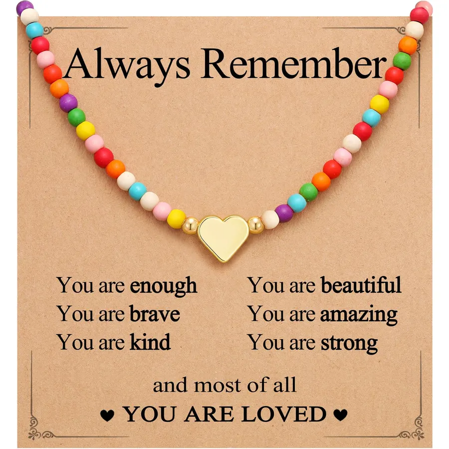 Eryuor Always Remember You Are Loved - Colorful Beaded Heart Necklace Cute Gifts for Tween Teen Girls Kids