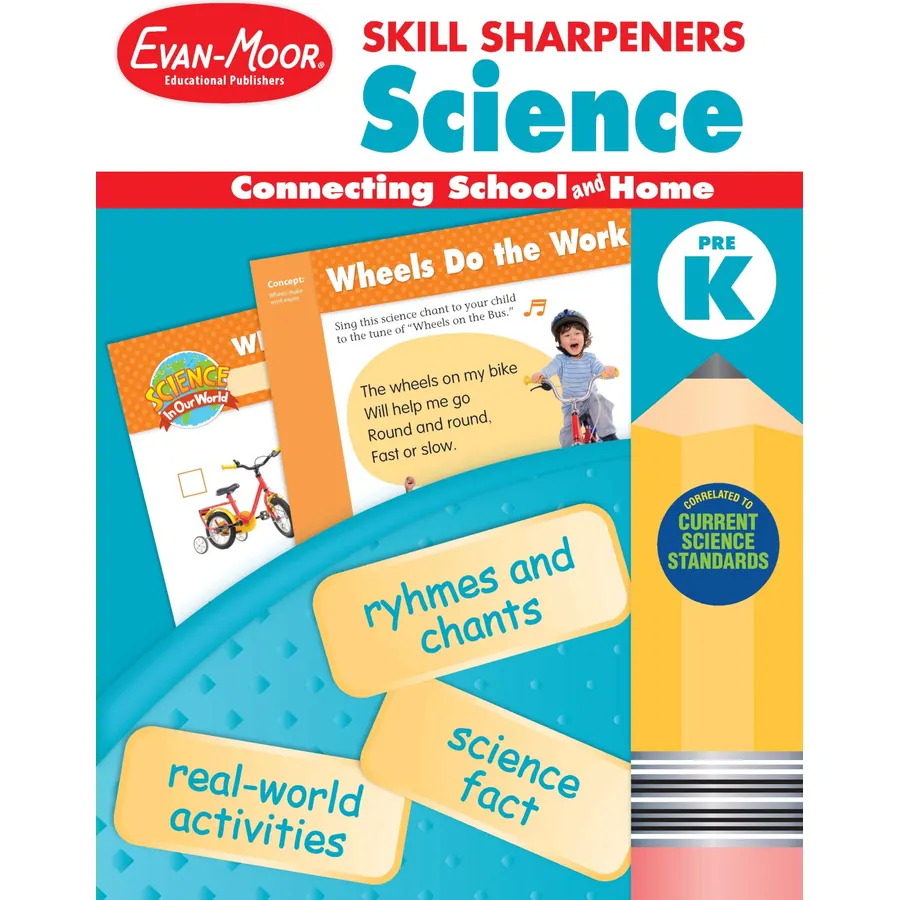 Evan-Moor Skill Sharpeners Science Workbook, PreK, Physical, Life, and Earth Science, Songs, Activities, Colors, Shapes, Sizes, Texture, Wheels, Sounds, Motion, Animals, Plants, Weather, Homeschool