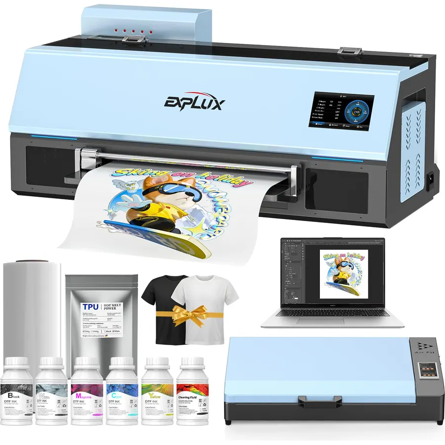 EXPLUX DTF Printer, XP600 Printhead, 13" A3 Apparel Printer, 2X Speed vs L1800/R1390, Auto-Cleaning, White Ink Circulation, 2-Year Free Ink for T-Shirt DIY & Small Business,Bundle with Oven, Laptop