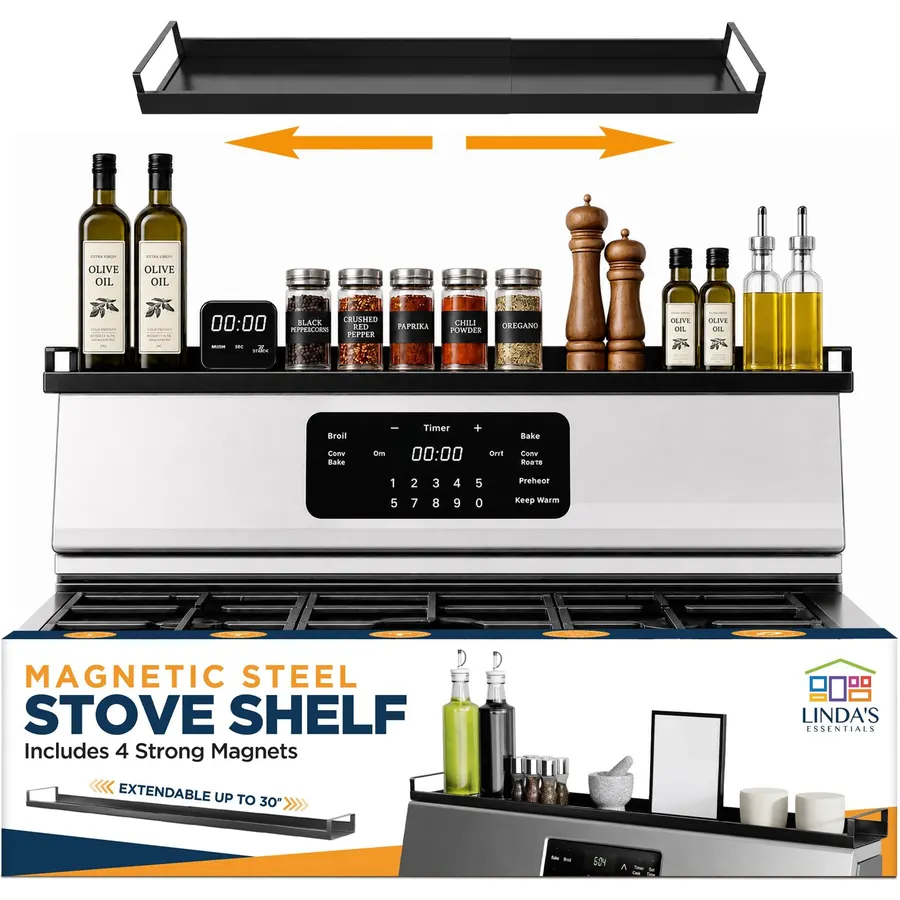Extendable Steel Over the Stove Shelf for Back of Stove (16 to 30 Inches) Magnetic Stove Top Shelf for Kitchen Stove, Over Stove Shelf for Back of Stove - Over the Stove Spice Rack Shelf