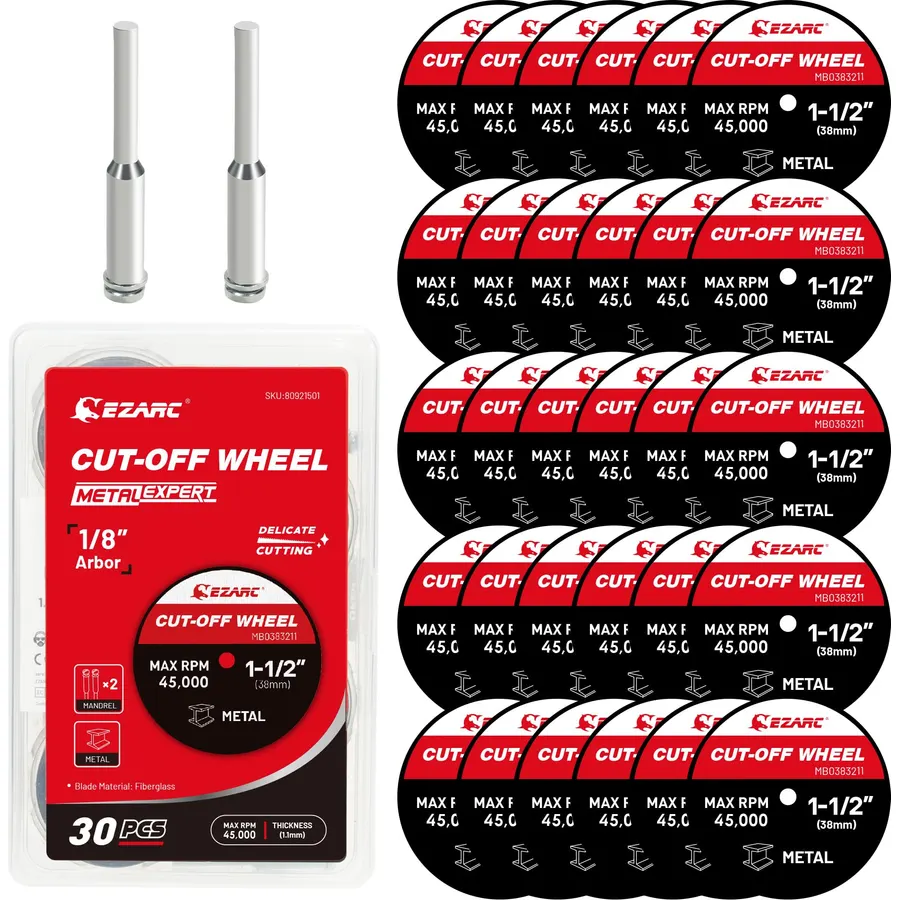EZARC 1-1/2 Cut Off Wheels, 1.5" x 1/8" Fiberglass Reinforced Rotary Tool Cutting Disc Accessories Include Mandrels, 32-Pack