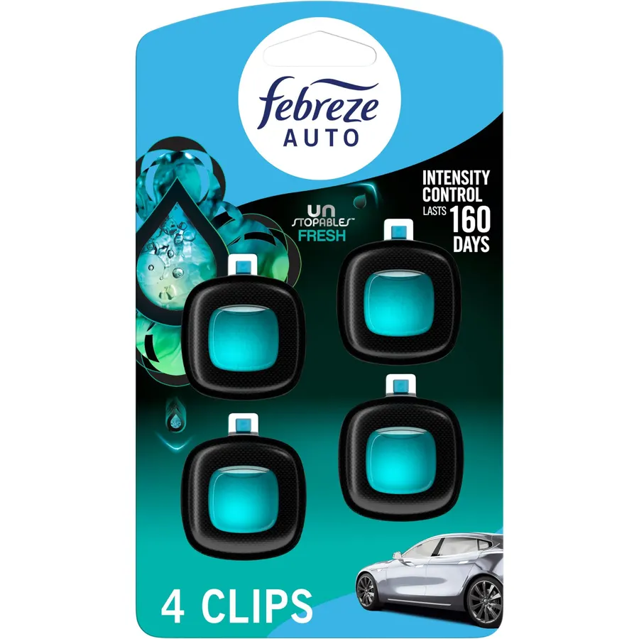 Febreze Car Air Freshener, Odor-Fighting Automotive Vent Clip, Scented Car Accessories, Long Lasting for Strong Odors, Unstopables Fresh Scent, .07 fl oz, 4 Count