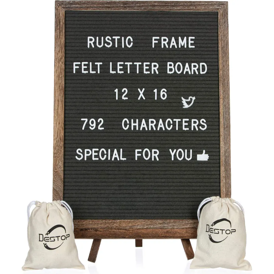 Felt Letter Board with Rustic Vintage Frame and Stand 12x16 inch,Grey Changeable Letter and Message Board Includes 792 Letters, Numbers and Symbols, Hook to Hang, 2 Canvas Bags