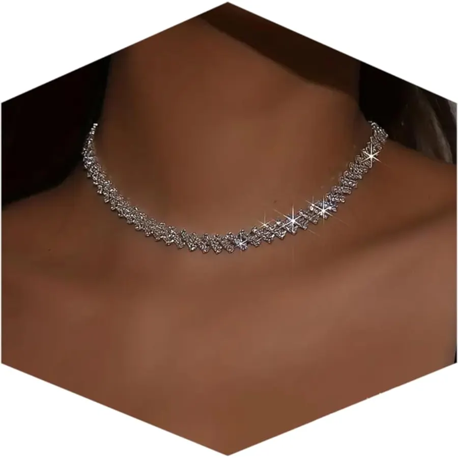 Fesciory Silver Plated Rhinestone Necklaces for Women, Heart Tennis Jewelry