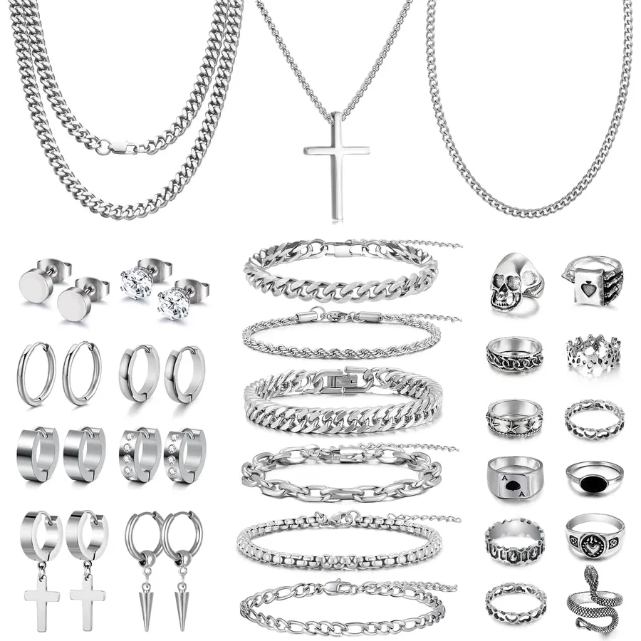 GIFIKOI 30Pcs Jewelry Set for Men Stainless Steel Band Ring Cuban Link Chain Necklace and Bracelet Cross Dog Tag Pendant Necklace Hoop Stud Black Earrings Mens Fashion Jewelry Set