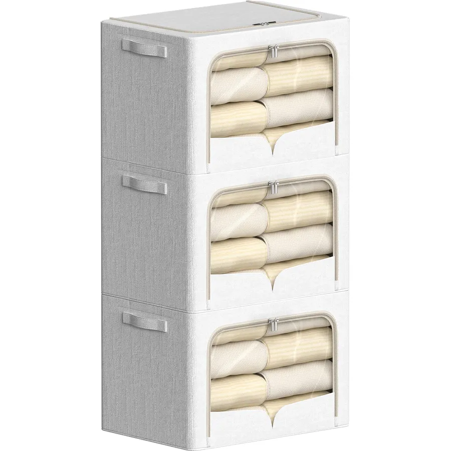 FHSQX 2 Pack Clear Window Storage Bins - Large Stackable Linen Fabric Storage for Clothes Foldable Container Organizer Set with Carrying Handles (Light Gray, 15.7x 11.8x 11.7 Inch)