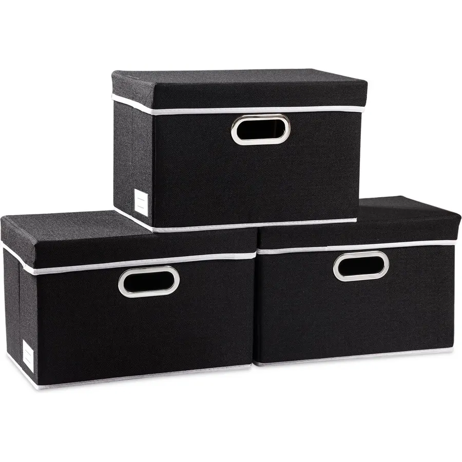 Foldable Storage Box with Lid [3-Pack] Fabric Collapsible Storage Bin Organizer Container Basket Cube with Cover for Home Bedroom Closet Office Nursery Black (14.9x9.8x9.8)
