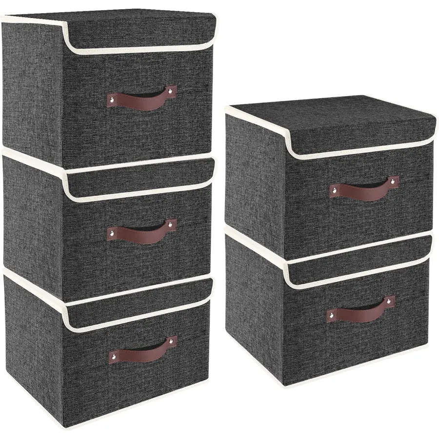 Foldable Storage Boxes with Lids 5 Pack Fabric Storage Bins with Lids, Closet Organizers for Clothes Storage, Room Organization, Office Storage, Toys - Black