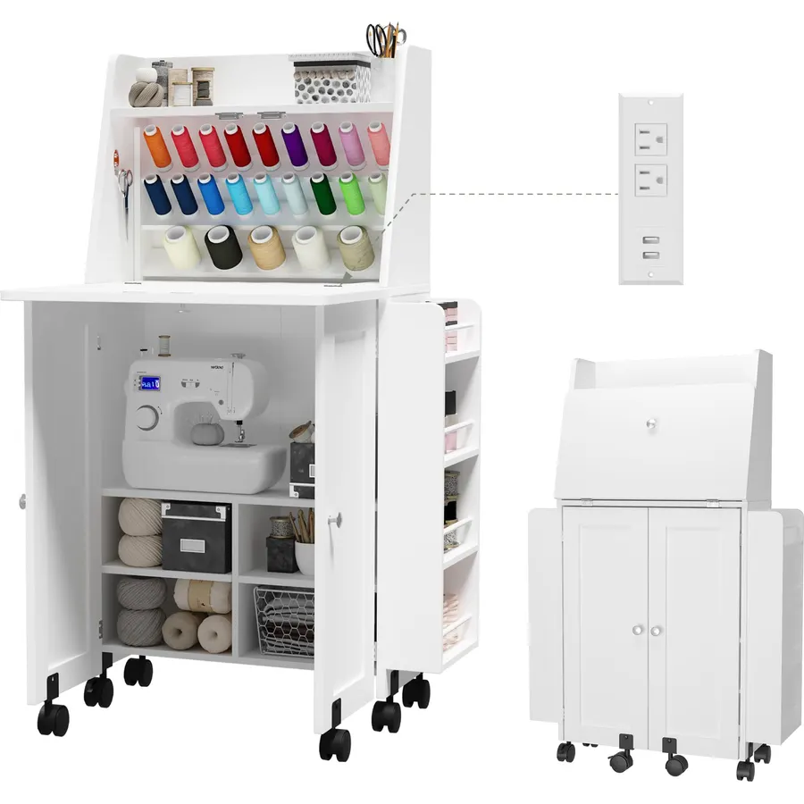 Folding Sewing Desk with Power Outlet, 23‑Spool Thread Rack & Side Storage Shelves, Mobile Sewing Machine Table with Lockable Wheels, Hidden Craft Workstation for Sewing & Craft Room, White