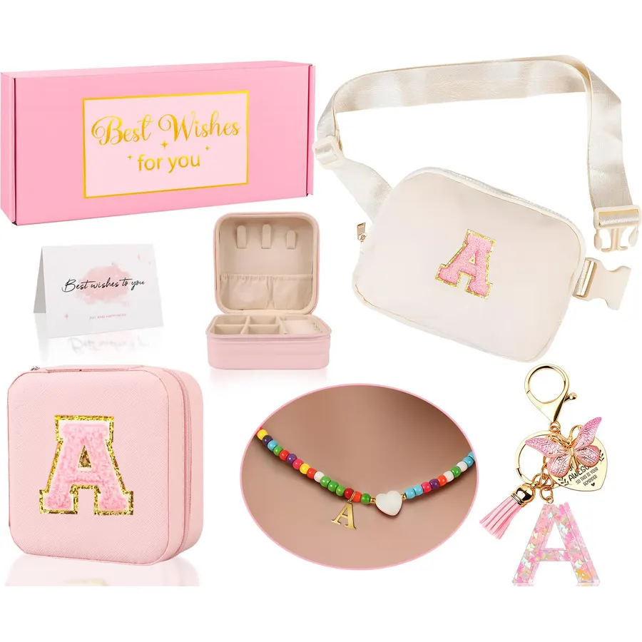 Funny Pack for Grandkids Teen Girls Gift, Birthday Gifts for 4 5 6 7 8 9 10 11 12 13 Year Old Girls, Initial Fanny Pack, Teen Girl Gift Trendy Stuff Crossbody Bag Set for Teens, Back To School, A