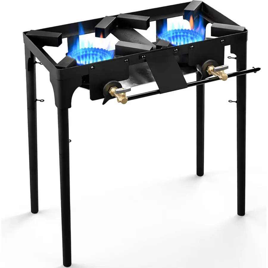 GasOne Double Propane Burner with Adjustable Height 4-Tier Removable Legs for Outdoor Cooking – High Pressure Camping Accessories Camp Stove – Cast Iron Portable Stove Top - Patent Pending
