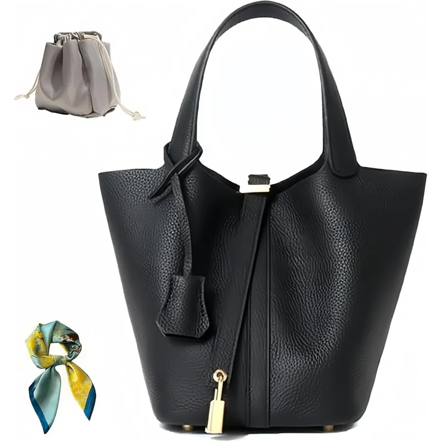 Genuine Leather Lock Design Bucket Bag for Women, Vegetable Basket Fashionable Handbag (Small/Large, 18cm/22cm)
