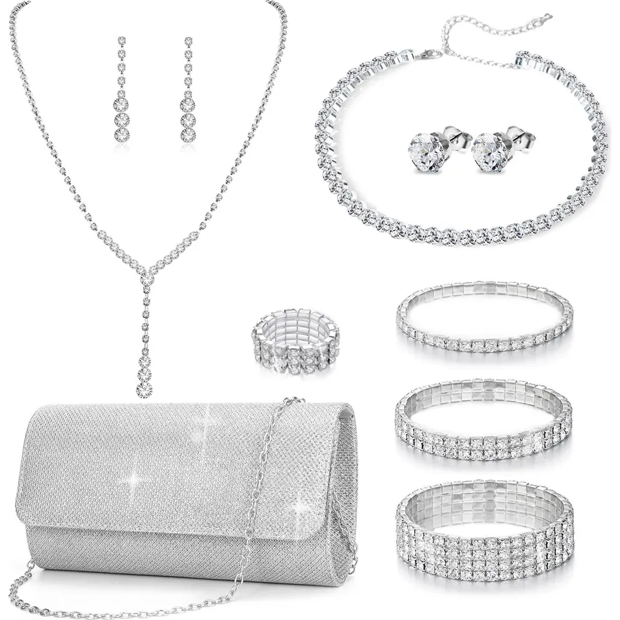 GIFIKOI 11Pcs Clutch Purse Crystal Jewelry Set for Women Shiny Rhinestone Jewelry Accessorie Set