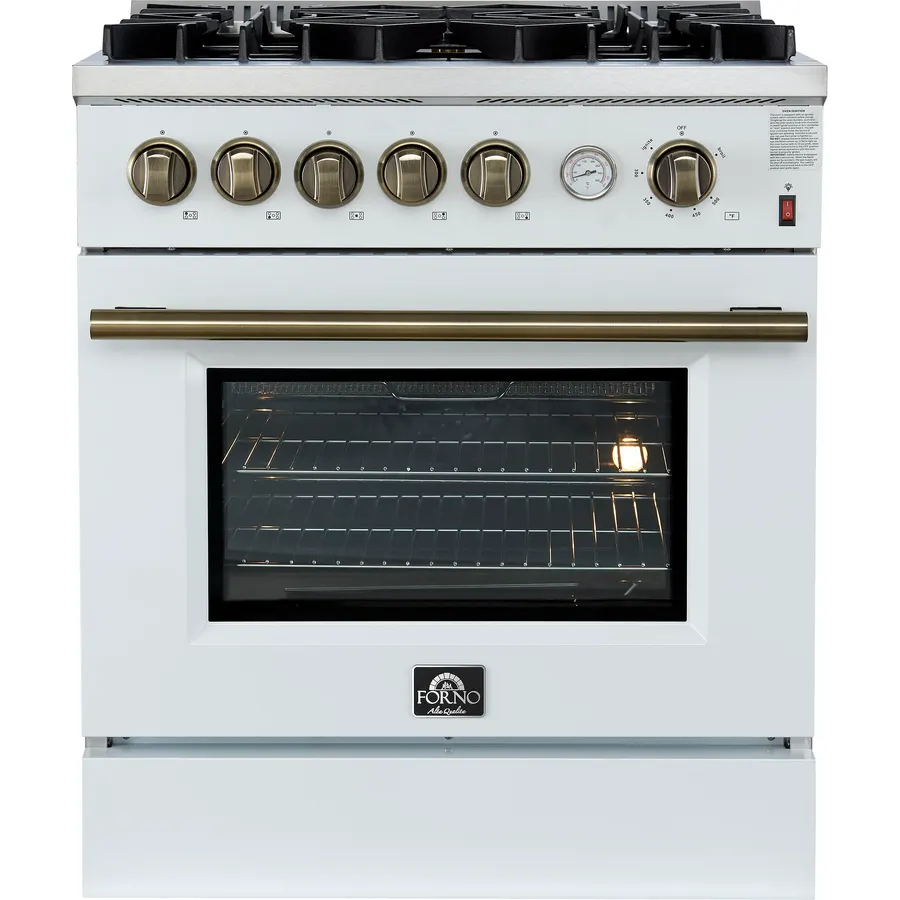 Giovanni 30-inch Gas Range White & Antique Brass, 5 Burners 67,000 BTU, 4.32 cu.ft. Convection Oven