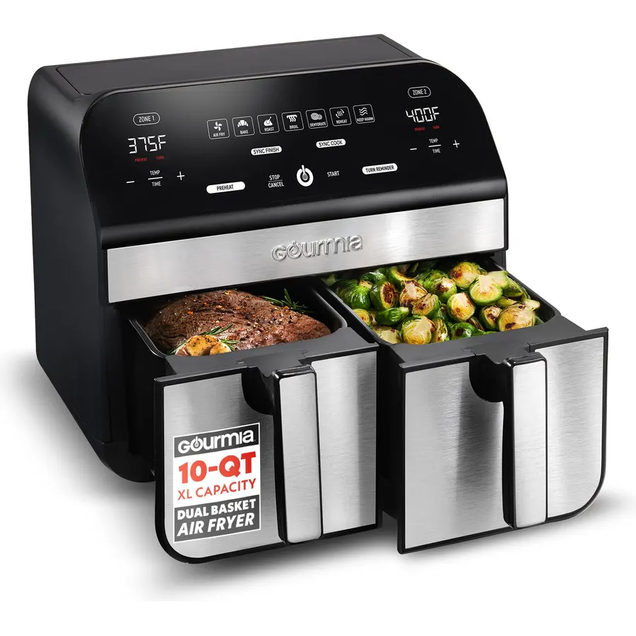 Gourmia Air Fryer - 10 Qt Dual Basket Capacity, Stainless Steel
