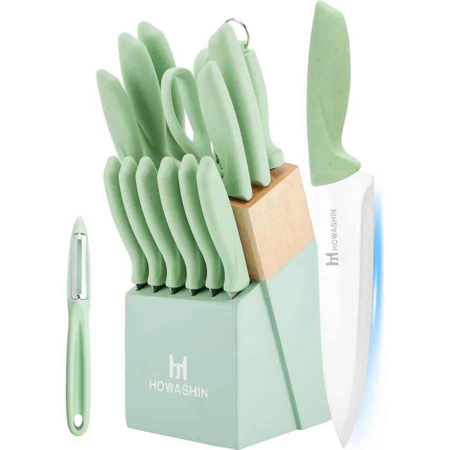 Green Knife Set, 15 Pcs Kitchen Knife Set with Block,High Carbon German Stainless Steel Knife Block Set with Magi-Grip Handle,Hand wash Safe Knives Set