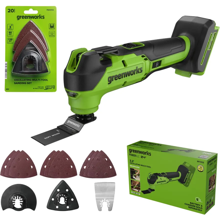 Greenworks 24V Brushless Cordless 18,000 OPM Oscillating Multi Tool Tool Only with Woodcutting Blades and Sanding Pad with Sheets Included,8 Speed Settings+20PC Multi-Tool Hook and Loop Sanding Kit