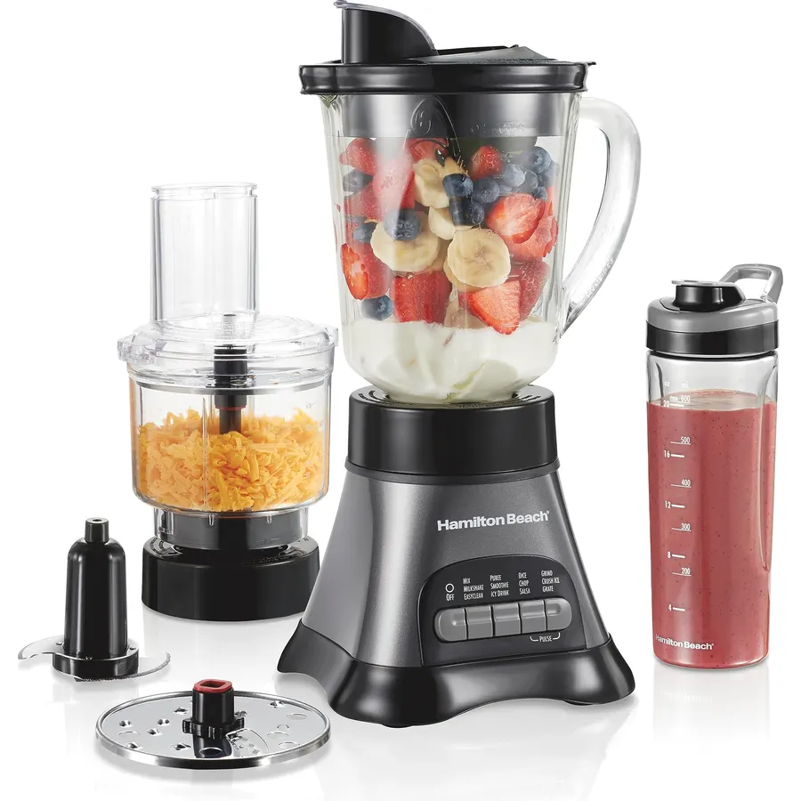 Hamilton Beach 4-in-1 Electric Immersion Hand Blender with Handheld Blending Stick, Whisk + 3-Cup Food & Vegetable Chopper Bowl, 2-Speeds, 225 Watts, Silver and Stainless Steel (59765)