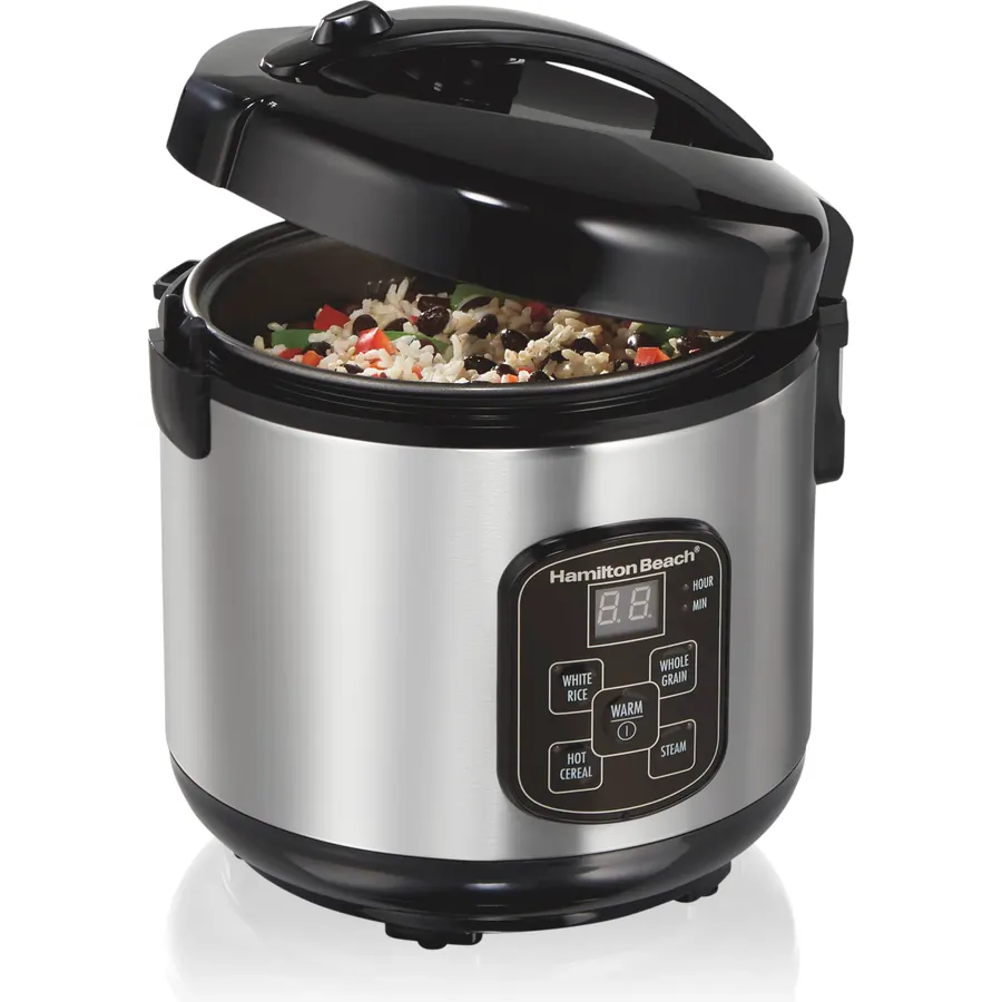 Hamilton Beach Digital Programmable Rice Cooker & Food Steamer, 8 Cups Cooked (4 Uncooked), With Steam & Rinse Basket, Stainless Steel (37518)