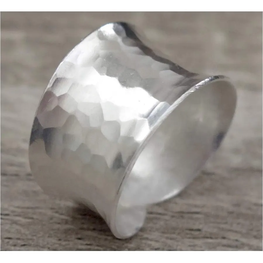 Hammered Sterling Silver Handmade Wide Band Ring, Classic Shiny Finish Wrap Band, Adjustable to Sizes 6-12, Can fit Also as Thumb ring, Gift for Her