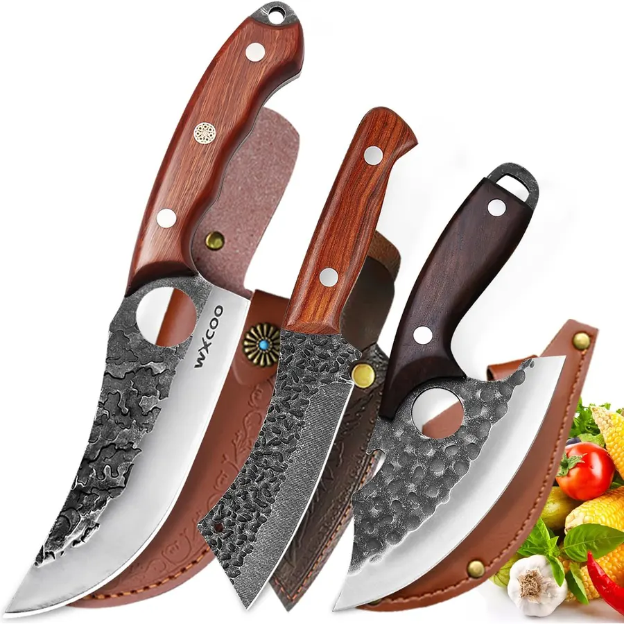Hand Forged 3-Piece Knife Set High Carbon SteelKitchen Knives Meat Boning Cleaver Cheese Knife Professional Butcher Hunting Fish Fruit Viking Knife with Sheath for Hiking, Camping, Fishing, BBQ