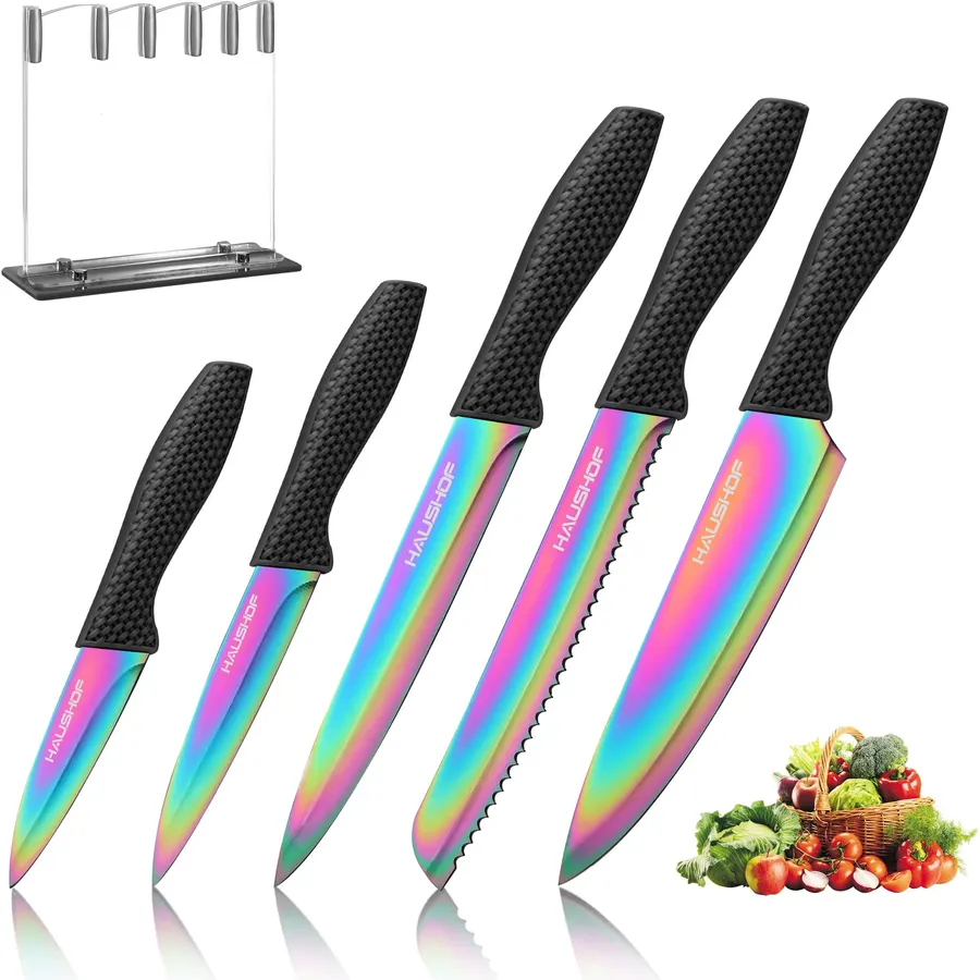 HAUSHOF Kitchen Black Knife Set, 5 PCS Knife Sets with Arcylic Block