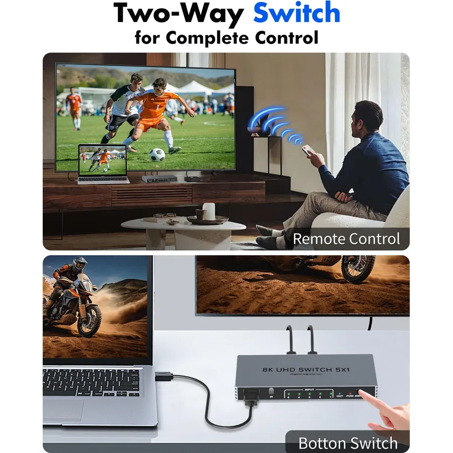 HDMI 2.1 Switcher 5 in 1 Out with Remote - 5-Port 8K@60Hz 4K@240Hz/144Hz/120Hz HDMI Switch, Supports HDCP2.3 HDR10, for PS5/PS4 Xbox Nintendo Roku Apple TV Fire Stick