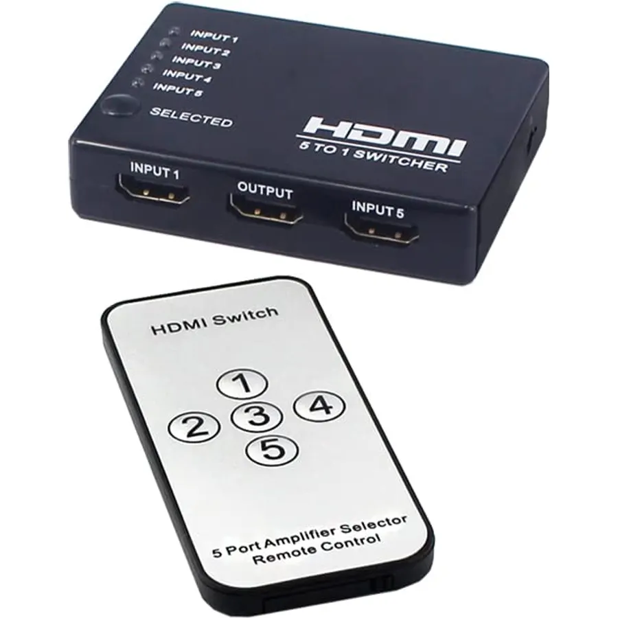 HDMI 5 X 1 Switch Ultra HD 5 Port HDMI Switcher Hub Full HD 1080P 3D Compatible with PC Laptop Xbox 360 One PS4 PS3 Nintendo Switch Blu-ray Player Roku Fire Stick with IR Remote Control