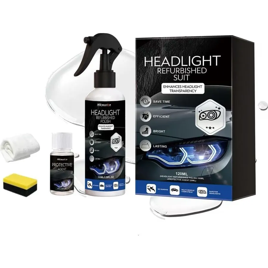 Headlight Restoration Kit, Oxidized & Yellowed Headlamp Polish for Clarity & Brightness, 100ml Fluid, 3-Piece Set for All Vehicle Types