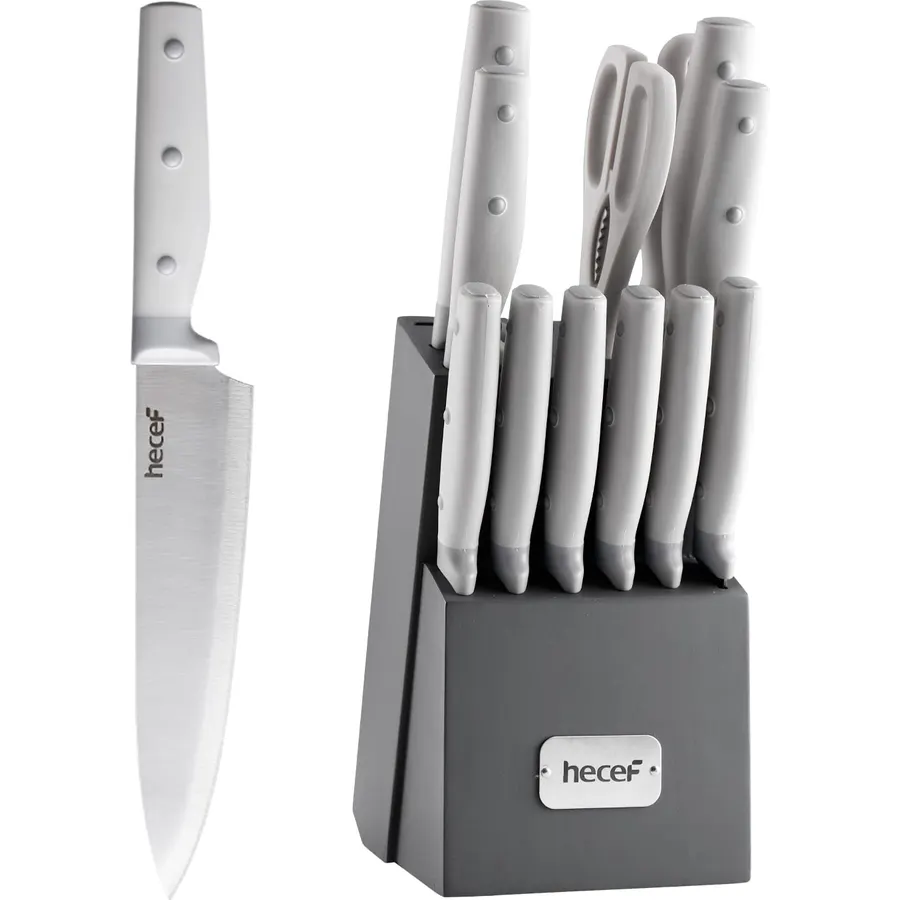 hecef 14 PCS Kitchen Knife Set with Pine Wood Block (Yellow-Black)