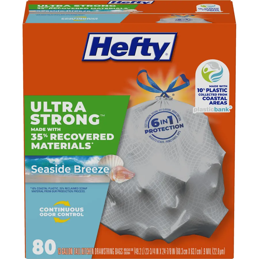Hefty Ultra Strong Recovered Materials 13 Gallon Kitchen Trash Bags, 80ct