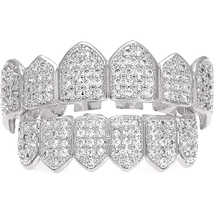 HH BLING EMPIRE Iced Out Diamond Teeth Grillz for Men Women, Hip Hop Silver Grills for your teeth Top and Bottom, Rapper Costume Mouth Grillz with Silicone Molding Bars