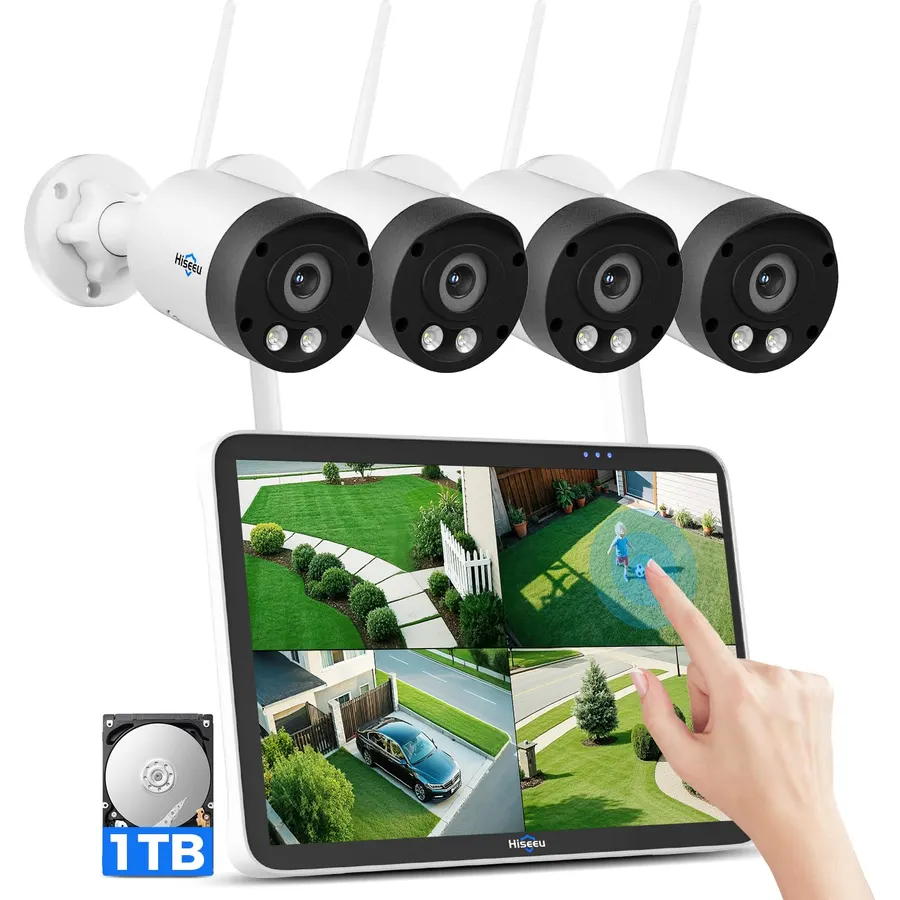 Hiseeu 8MP Outdoor Wireless Security Camera, 10" Touch Screen NVR, 1TB HDD