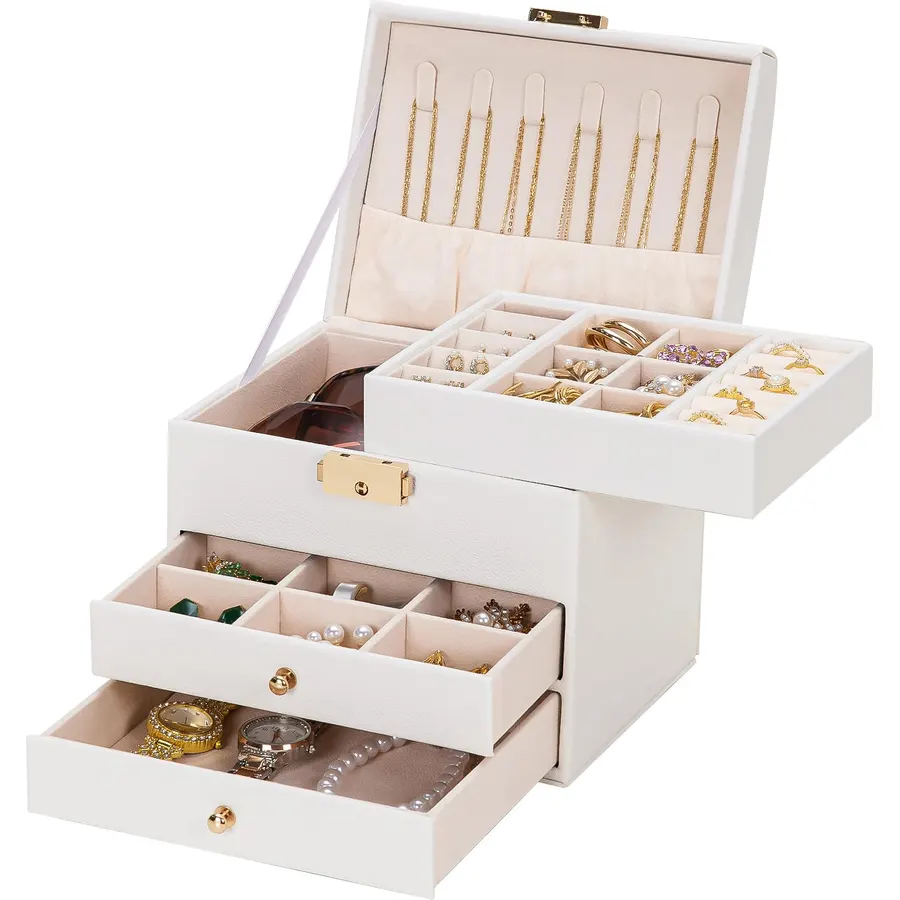Homde Small Jewelry Box for Girls: 3-Layer Lockable Organizer (Cloud White)