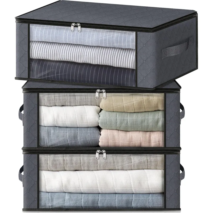 HomeHacks 3-Pack Clothes Organizer Storage Bags, 35L Storage Bins, Gray