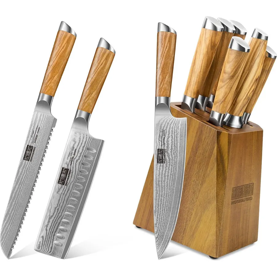 HOSHANHO Professional Damascus Ultra Sharp 7 Piece Knife Set & Bread Knife & Nakiri Knife
