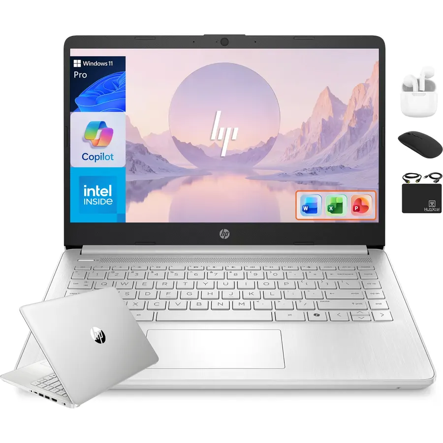 HP 14” Flagship Laptop 2025 AI-Powered Computer, Office Lifetime, Student Business, 4-Core Intel CPU, 16GB RAM 628GB Storage (128GB UFS+ 500GB Ext), Long Battery HubxcelAccessory Win 11 Pro Silver
