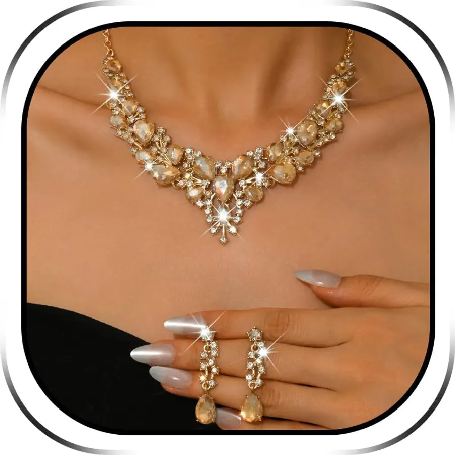HUASAI Rhinestone Necklace And Earrings Set for Women, Bridal Wedding, Lace Detail, Wedding Guest, Prom, And Formal Events, Gift Accessories
