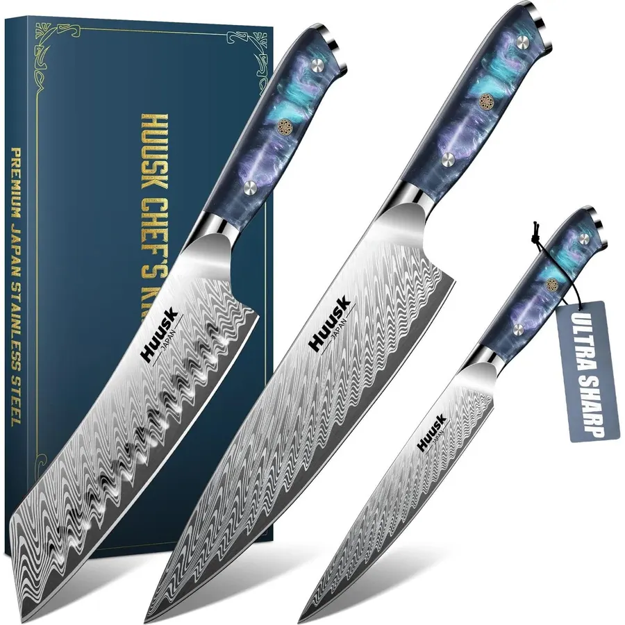 Huusk Japanese Knife Set 3 PCS - Stainless Chef Knife Set with Sheath