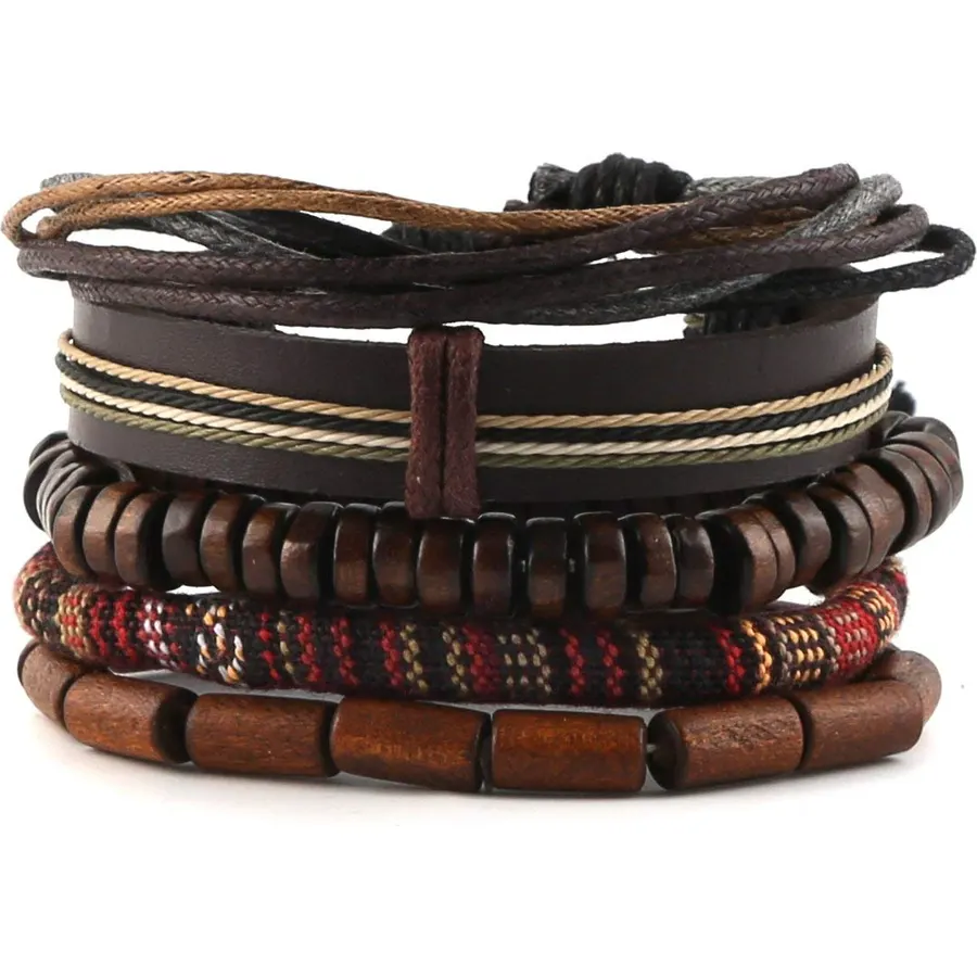 HZMAN Handmade Hemp Cords Wood Beads Leather Bracelets for Men Women
