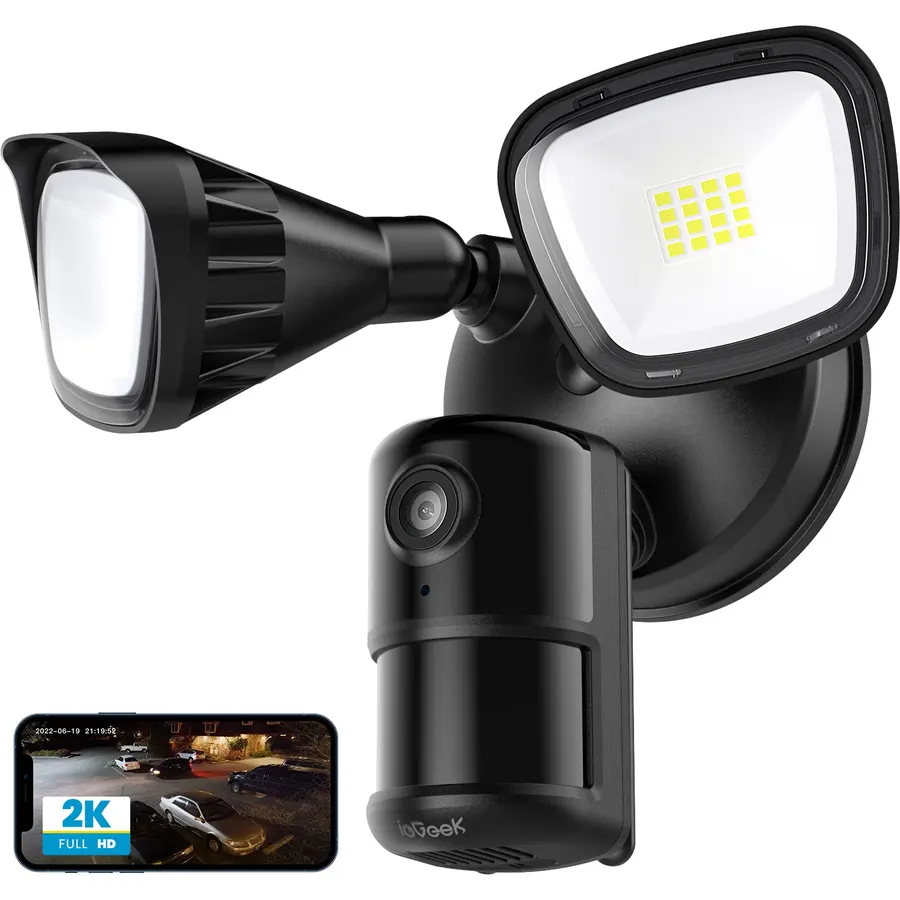 ieGeek Floodlight Camera Outdoor, 2K Wired Home Smart Security Cameras, 2.4G WiFi Flood Light Camera with Motion Sensor, Wiring 2600 Lumens Cam, Color Night Vision,Siren,2 Way Audio, Works with Alexa