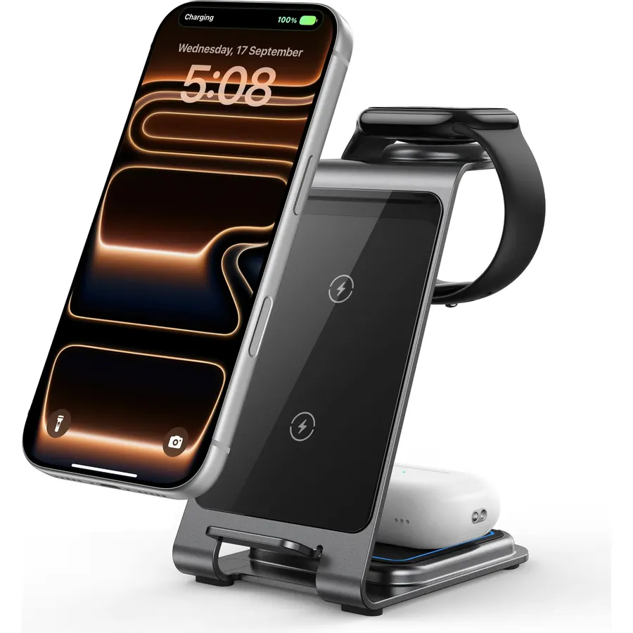 Intoval Aluminum 3 in 1 Wireless Charging Station for iPhone 17 16 15 14 13 12 11 Pro Max XR, Wireless Charger for Apple Watch 11 10 9 8 7 Ultra SE 3 2, Phone Charger for AirPods 4 Pro 2 3 (Grey)