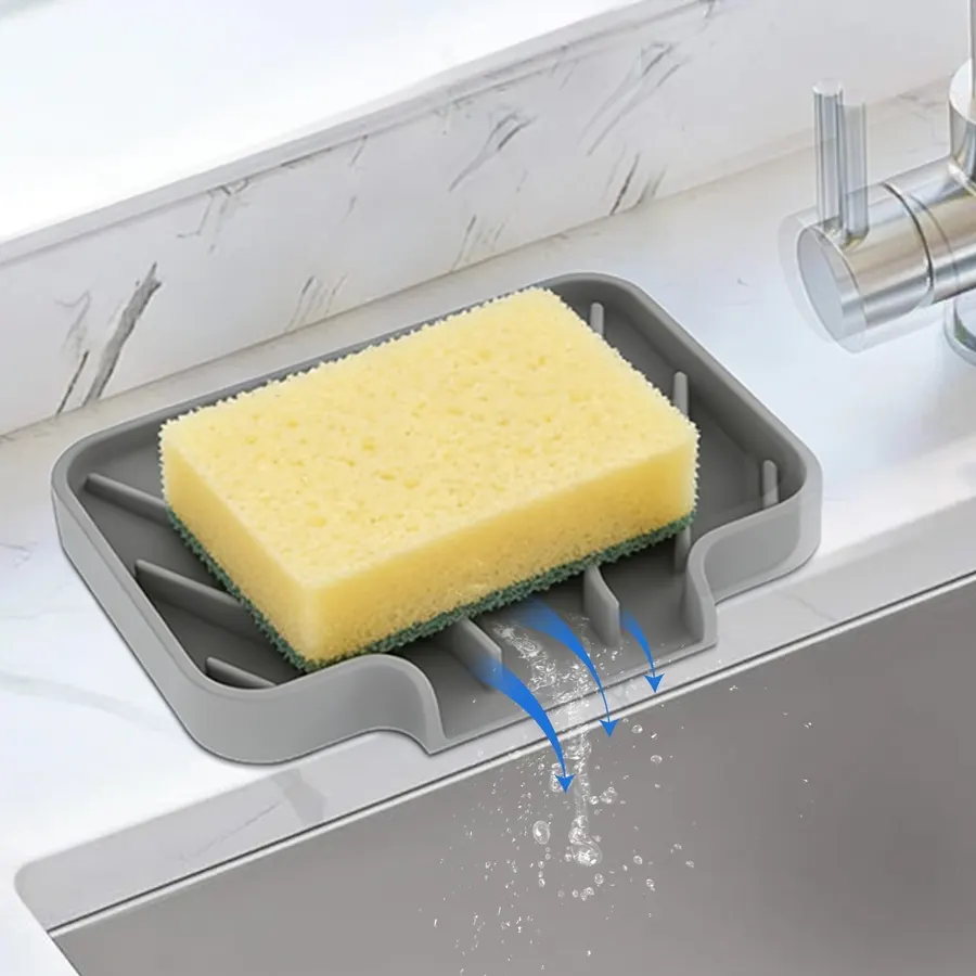 JACZZO Silicone Sponge Holder & Soap Dish for Kitchen Sink, 3.5"x5", Gray