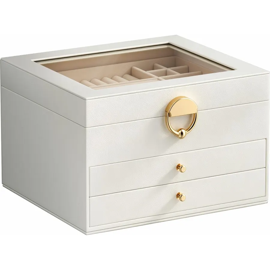 VLANDO 3 Layer Jewelry Box - Women Jewelry Box with Retractable Tray - Jewelry Organizers with Drawer for Necklaces, Rings, Bracelets, Earrings, Valentines Gift for Mom Girls - Cloud White