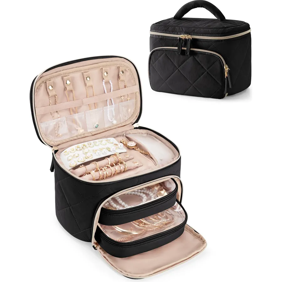 2 Layer Portable Jewelry Box, Large Jewelry Travel Case with 4 Jewelry Pouches, Medium Size Jewelry Organizer Box for Earrings, Necklaces, Bracelets (beige)
