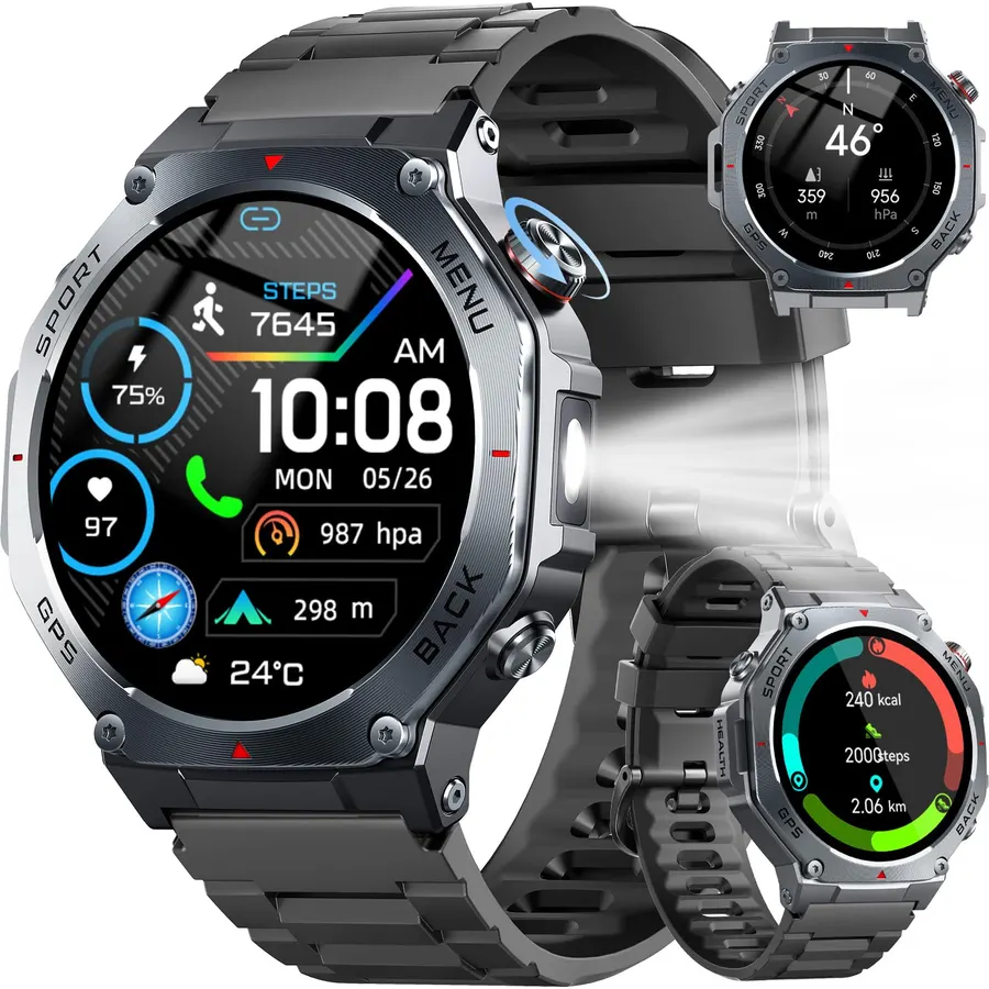 Jugeman Military Smart Watch for Men Built-in GPS with LED Flashlight