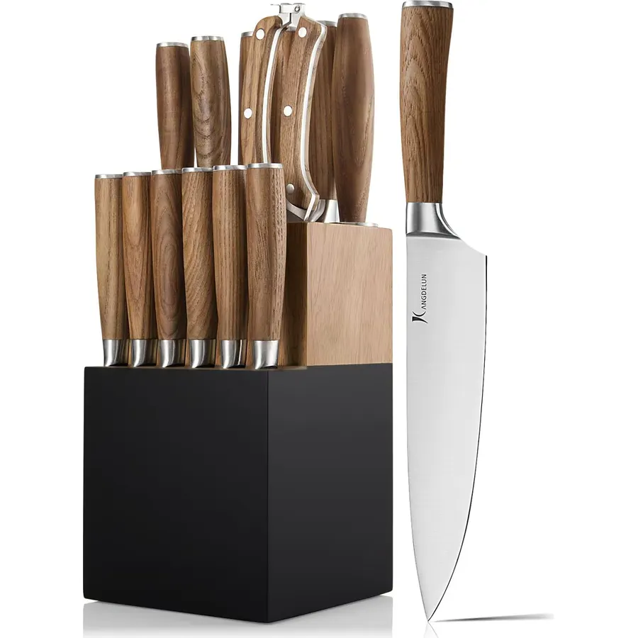 SENKEN 15-Piece Damascus Knife Block Set - "Tsunami" Collection Japanese Chef Knife Set - 67-Layer Japanese VG10 Steel Blades, Includes Chef Knife, Cleaver, 6 Steak Knives (Blue)