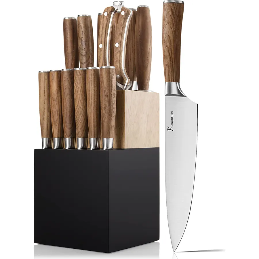Kangdelun Natura Series 15 PCS Knife Set, and 6 Steak Knives with Gift Box, Ultra Sharp High Carbon Stainless Steel, Wooden Handle