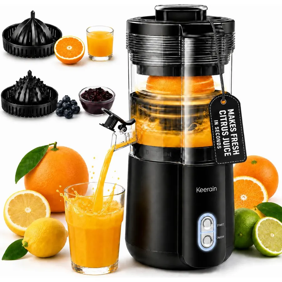 Keerain Electric Citrus Juicer with 2 Cones, Automatic Orange Juicer Machine, One-Touch Operation, High Juice Yield, Easy to Clean, Compact Juicer for Orange, Lemon, Grapefruit, Watermelon & More